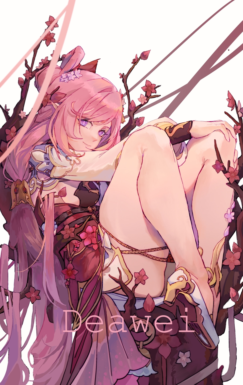 1girl absurdres artist_name bare_legs bell branch breasts cherry_blossoms deawei dress elysia_(herrscher_of_human:_ego)_(honkai_impact) elysia_(honkai_impact) elysia_(peachy_spring)_(honkai_impact) flower from_side hair_bell hair_between_eyes hair_flower hair_ornament high_heels highres honkai_(series) honkai_impact_3rd long_hair long_sleeves looking_at_viewer pink_hair puffy_long_sleeves puffy_sleeves purple_eyes red_dress sideboob sitting thighs very_long_hair white_background white_footwear