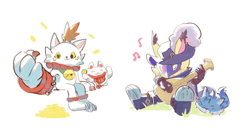 765_nanami absurdres black_boots black_cape black_hat blue_fur body_fur boots cape cat colored_sclera digimon digimon_(creature) guitar hat hat_feather highres holding holding_guitar holding_instrument instrument large_hands maneki-neko manekimon music nyabootmon playing_guitar playing_instrument purple_mask sitting trait_connection wanyamon white_fur yellow_fur yellow_sclera