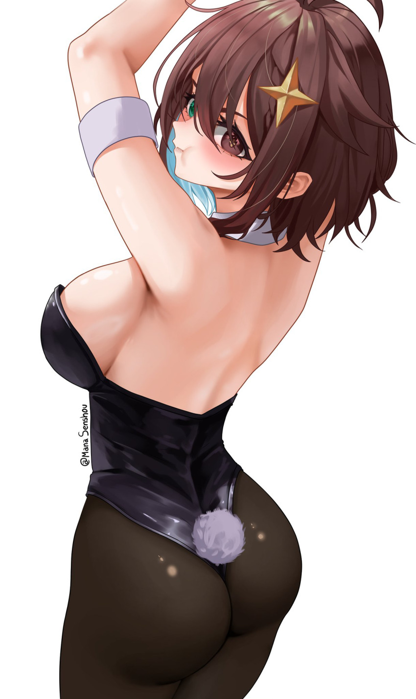1girl :t annoyed aqua_hair arm_strap arms_up artist_name ass ass_focus back bare_back bare_shoulders black_leotard breasts brown_eyes brown_hair closed_mouth collar colored_inner_hair cowboy_shot detached_collar embarrassed eyebrows eyelashes fake_tail female_focus from_behind green_eyes heterochromia highres huge_ass chromashift large_breasts leotard looking_at_viewer looking_back mana_(manasenshou) medium_hair meica_(vtuber) multicolored_hair playboy_bunny rabbit_tail solo standing strapless strapless_leotard tail two-tone_hair virtual_youtuber white_collar