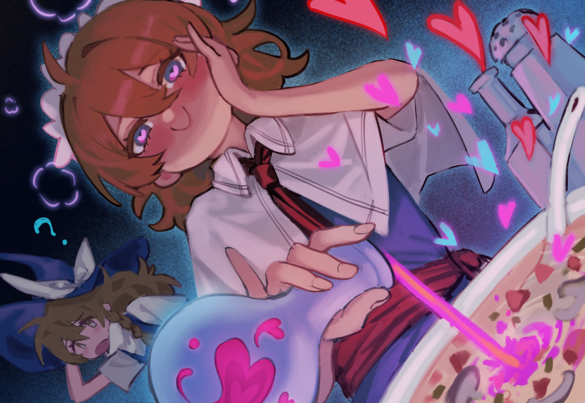 2girls ? absurdres alice_margatroid black_vest blonde_hair blue_dress braid capelet closed_mouth dress dutch_angle food hand_on_own_cheek hand_on_own_face hat heart heart-shaped_pupils highres kirisame_marisa long_hair love_potion loving_aura medium_hair multiple_girls necktie open_mouth pouring red_necktie shirt short_sleeves smile soup symbol-shaped_pupils touhou tuck_(tuck23978434) upper_body vest white_capelet white_shirt witch_hat