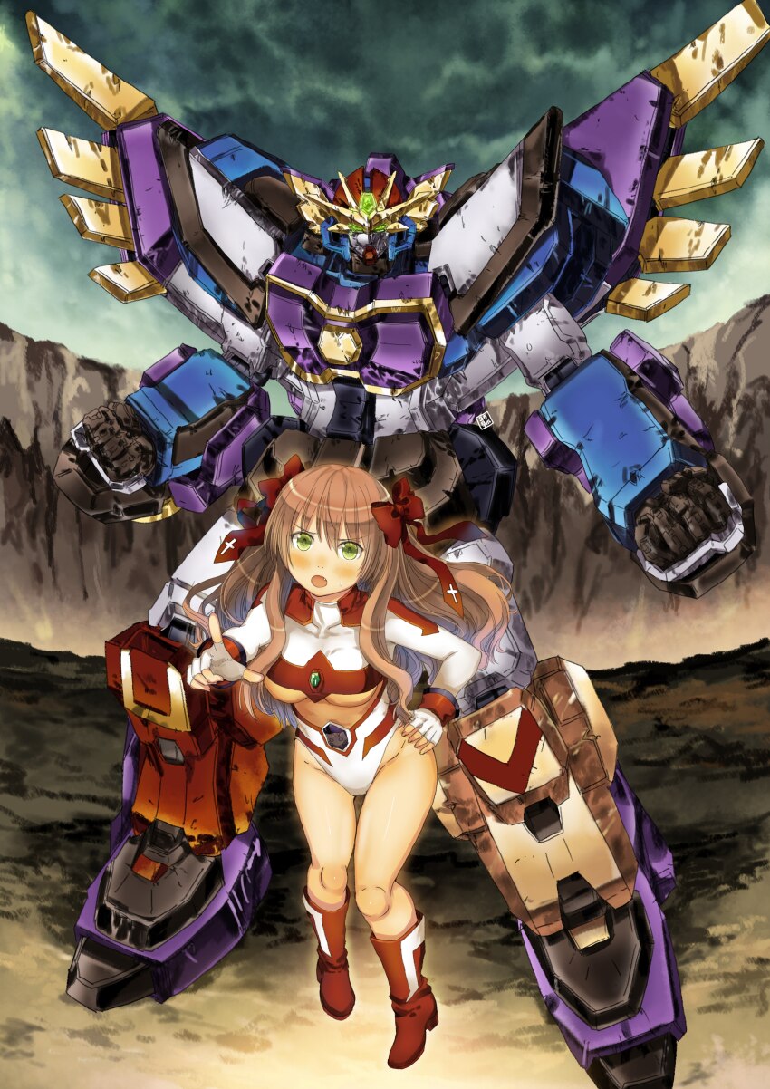absurdres boots bow clenched_hands clothing_cutout cloud cloudy_sky fingerless_gloves garimpeiro gloves great_grand_braver green_eyes hair_bow highres leotard long_hair looking_at_viewer mayoi_neko_overrun! mecha outdoors pointing pointing_at_viewer red_bow red_footwear robot science_fiction serizawa_fumino sky super_robot underboob_cutout v-fin very_long_hair white_gloves white_leotard