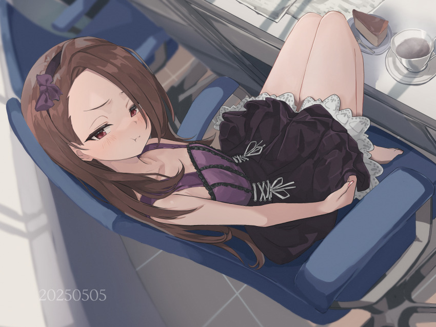 1girl :t asymmetrical_bangs bare_legs barefoot black_skirt blush bow_hairband brown_hair cake cake_slice cheesecake coffee collarbone commentary_request cup dated food hairband highres idolmaster idolmaster_(classic) idolmaster_million_live! indoors laki long_hair looking_at_viewer minase_iori purple_shirt saucer shirt sitting skirt sleeveless sleeveless_shirt solo steam straight_hair teacup very_long_hair