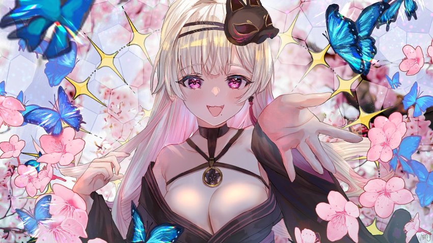 1girl :3 :d bare_shoulders black_choker black_kimono blonde_hair blush breasts bug butterfly choker collarbone commentary_request flower flower_request fox_mask gradient_hair insect isuzu_(an_icy_cat) japanese_clothes kimono large_breasts long_hair looking_at_viewer low_neckline makurano_neena mask mask_on_head mole mole_under_mouth multicolored_hair off_shoulder open_mouth outstretched_arm pink_eyes pink_hair production_kawaii reaching reaching_towards_viewer smile solo upper_body virtual_youtuber wide_sleeves