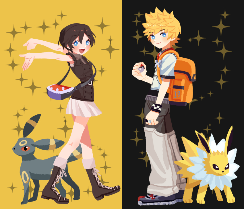 1boy 1girl backpack bag black_background black_boots black_hair black_shirt blonde_hair blue_eyes boots breasts checkered_wristband closed_mouth full_body gen_1_pokemon gen_2_pokemon hair_between_eyes highres holding holding_poke_ball jolteon kingdom_hearts kingdom_hearts_358/2_days looking_at_viewer nintendo open_mouth orange_bag outstretched_arms pleated_skirt poke_ball pokemon pokemon_(creature) roxas shirt short_hair short_sleeves shoulder_bag skirt small_breasts smile sparkle standing umbreon white_skirt wristband xion_(kingdom_hearts) yellow_background yomyompi