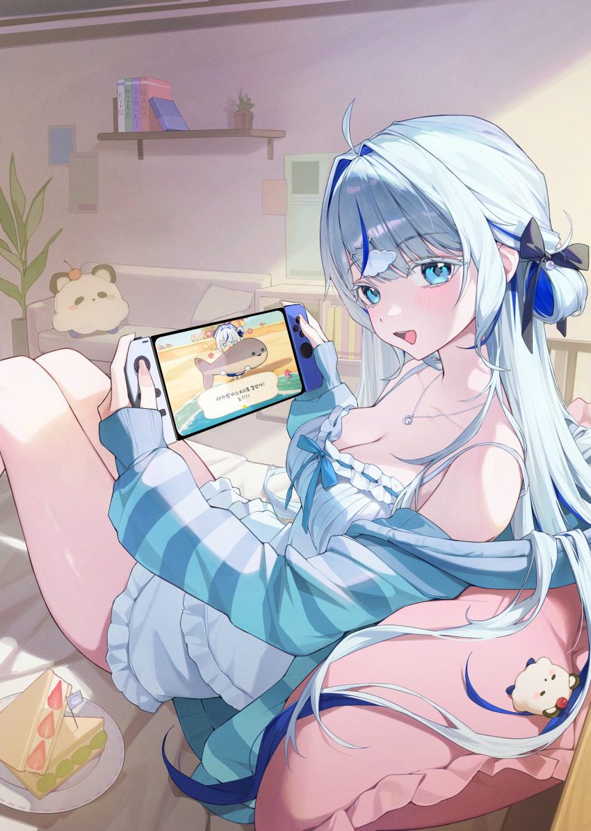 1girl absurdres ahoge animal_crossing bare_shoulders bedroom blue_eyes blue_hair blush breasts character_request cleavage commentary copyright_request hair_intakes hair_rings handheld_game_console highres holding holding_handheld_game_console indoors jewelry knees_up korean_text light_blue_hair long_hair long_sleeves looking_at_viewer medium_breasts multicolored_hair myao_(myaodayone) necklace nintendo on_bed open_mouth playing_games sacabambaspis single_hair_ring sitting smile solo streaked_hair translation_request virtual_youtuber