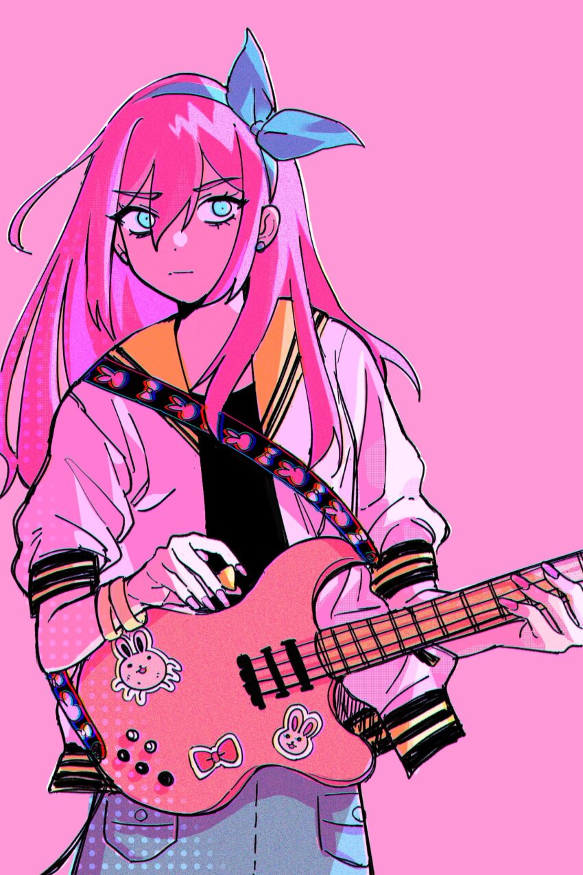 1girl aubrey_(faraway)_(omori) aubrey_(omori) black_shirt black_sleeve_cuffs blue_eyes blue_hairband blue_skirt bow_hairband bracelet bu3hgg bug_bunny_(omori) character_sticker chromatic_aberration closed_mouth cowboy_shot denim denim_skirt dot_nose double-parted_bangs earrings eyes_visible_through_hair forest_bunny_(omori) gold_bracelet guitar hair_between_eyes hairband halftone highres holding holding_guitar holding_instrument holding_plectrum instrument jacket jewelry light_frown long_hair looking_at_viewer nail_polish omori open_clothes open_jacket pink_background pink_hair pink_nails plectrum puffy_short_sleeves puffy_sleeves sailor_collar shirt short_sleeves simple_background skirt solo standing stud_earrings turning_head v-shaped_eyebrows white_jacket yellow_sailor_collar