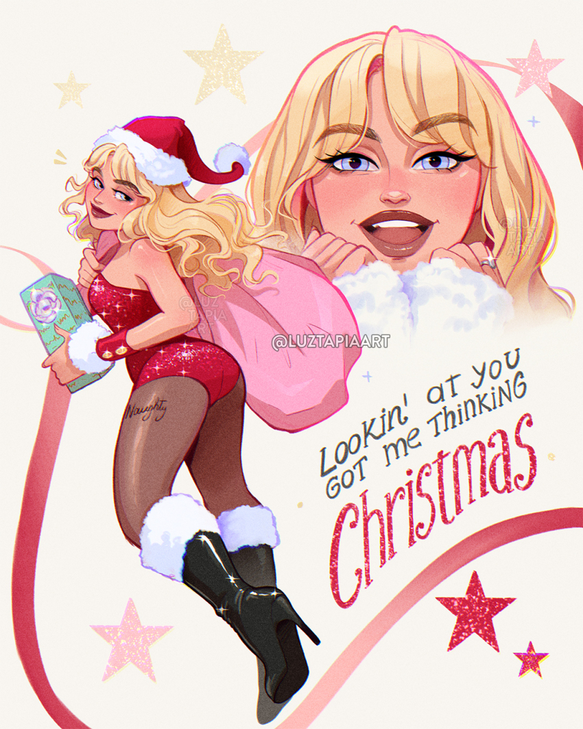 1girl artist_name black_boots blonde_hair blue_eyes boots brown_pantyhose english_text hat high_heel_boots high_heels highres leotard long_hair looking_at_viewer luztapiaart multiple_views open_mouth pantyhose real_life red_hat red_leotard sabrina_carpenter santa_hat see-through_pantyhose sequins star_(symbol) teeth upper_teeth_only watermark