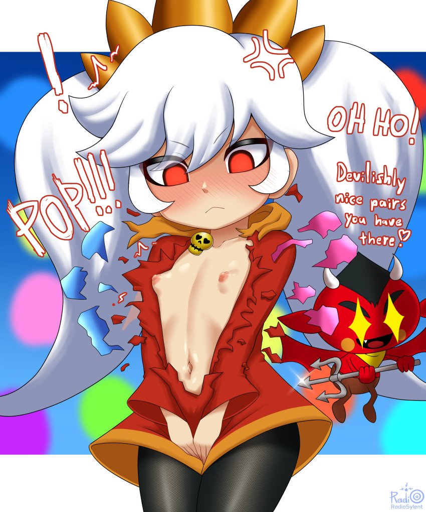 ! 1boy 1girl :&lt; absurdres anger_vein angry artist_name ashley_(warioware) black_hair black_pantyhose blush blush_stickers breasts closed_mouth collarbone covering_crotch covering_privates demon_horns demon_wings dress english_text fang floating hair_between_eyes hairband heart highres horns loli long_hair long_sleeves navel neckerchief nintendo nipples no_bra open_mouth orange_hairband orange_neckerchief pantyhose polearm radiosylent red_(warioware) red_dress red_eyes sidelocks small_breasts smile sparkle standing stomach torn_clothes torn_dress trident twintails warioware weapon white_hair wide-eyed wide_sleeves wings