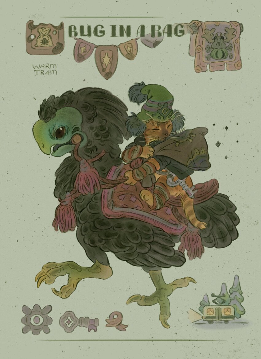 animal artist_name bag bird bug cat creature english_text full_body green_background green_hat hat highres holding holding_reins jacket key no_humans orange_cat original reins riding saddle signature simple_background warmtram