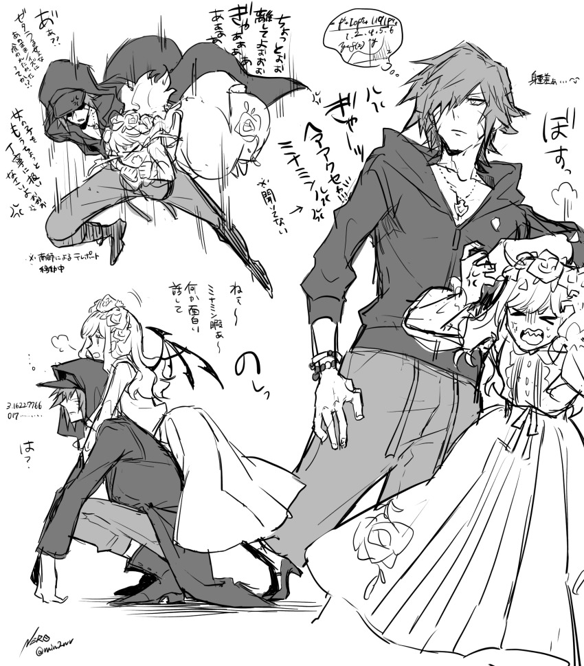 1boy 1girl anger_vein atarashi_coco baseball_cap black_wings bracelet carrying carrying_under_arm crying dress eme_(204) facial_mark facial_mark hair_over_one_eye hat high_heels highres holding_person hood hoodie jewelry leaning_on_person long_coat long_dress minamimoto_sho necklace see-through_clothes see-through_sleeves shin_subarashiki_kono_sekai spiked_hair spiked_wings subarashiki_kono_sekai tears whisker_markings wings