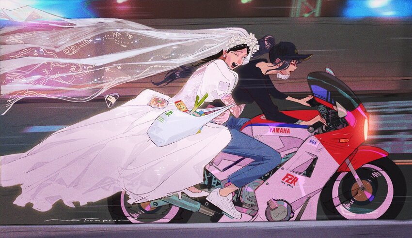 2girls ami_thompson bag baseball_cap black_shirt bridal_veil bride denim donut dress female_focus floating_hair food hat high_heels hug hug_from_behind jeans mask motor_vehicle motorcycle mouth_mask multiple_girls on_motorcycle one_eye_closed onigiri original pants plastic_bag ponytail shirt shoes sneakers spring_onion vehicle_request veil wedding_dress white_footwear yamaha yuri