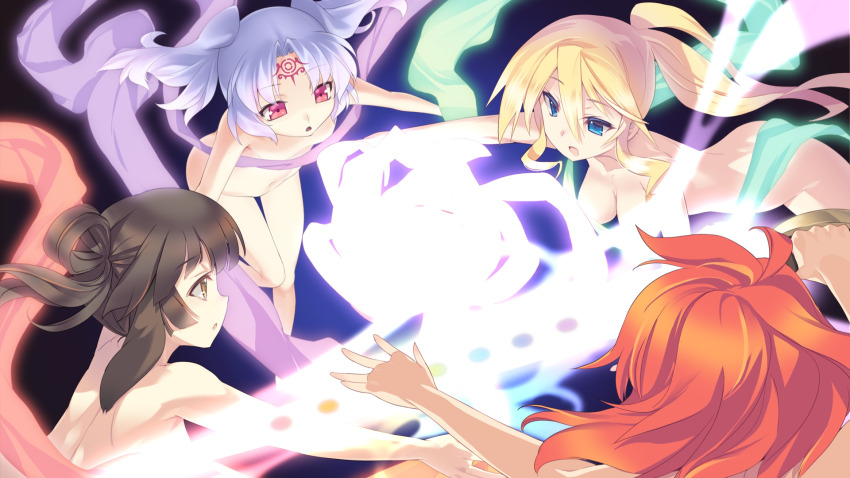 4girls :o agarest_senki_(series) agarest_senki_mariage blade_(galaxist) blonde_hair blue_eyes breasts brown_eyes brown_hair completely_nude convenient_censoring facial_mark forehead_mark game_cg half_updo highres jiolet kunka large_breasts multiple_girls navel non-web_source nude official_art open_mouth outstretched_arms piadina ponytail profile purple_hair red_eyes red_hair saika_(agarest_senki) sash small_breasts spread_arms twintails