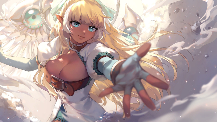 1girl artist_request belt belt_collar blonde_hair blue_eyes breasts celia_(tevi) check_artist cleavage collar ein_lee fingerless_gloves game_cg gloves highres juliet_sleeves large_breasts long_hair long_sleeves looking_at_viewer non-web_source pointy_ears puffy_sleeves reaching reaching_towards_viewer solo tevi