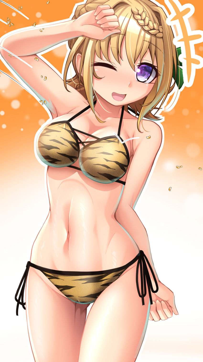 1girl absurdres alternate_costume animal_print bikini blonde_hair braid braided_bangs braided_bun breasts cowboy_shot hair_bun highres kantai_collection long_hair medium_breasts narashika_asuka navel one_eye_closed perth_(kancolle) perth_(swimsuit)_(kancolle) print_bikini purple_eyes setsubun side-tie_bikini_bottom solo standing swimsuit tiger_print world_war_ii