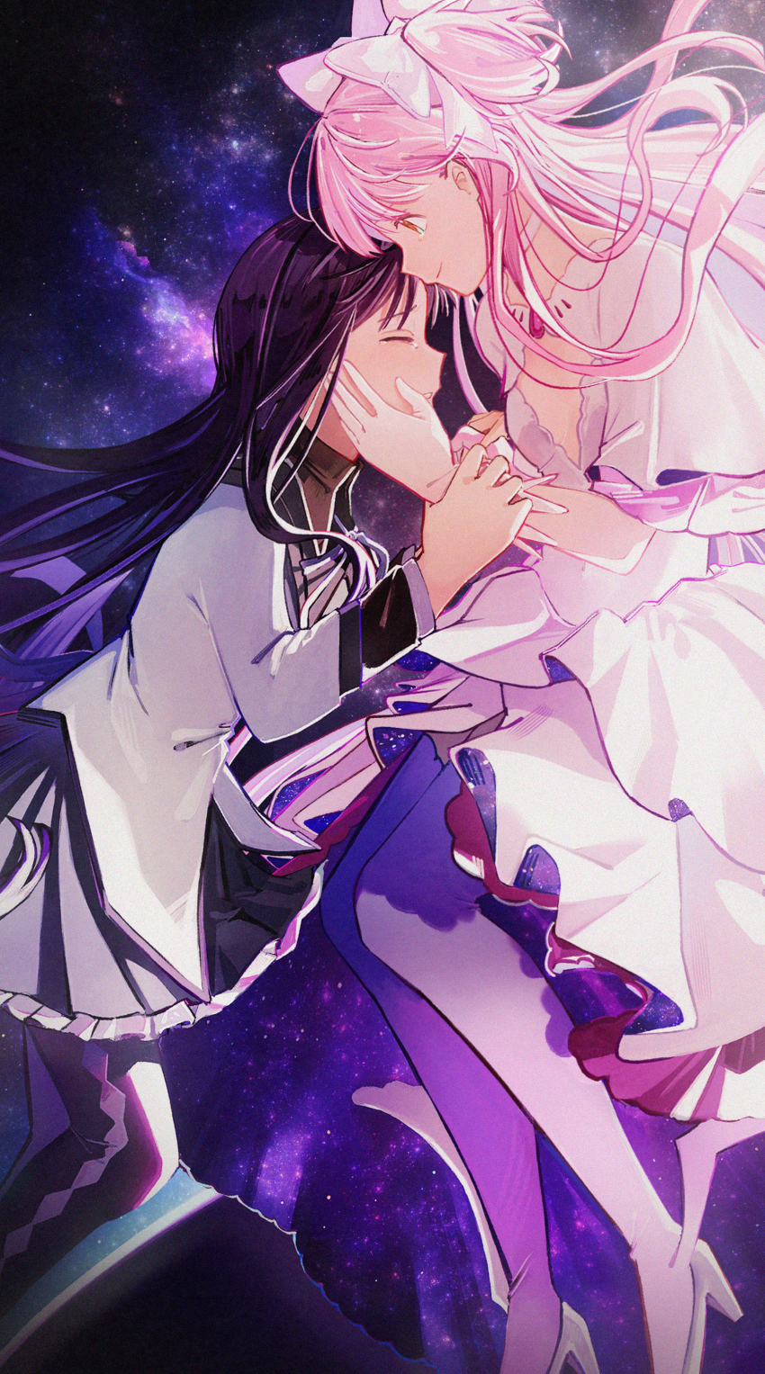 absurdres akemi_homura akemi_homura_(magical_girl) argyle_clothes argyle_thighhighs dress female_focus gloves highres kaname_madoka mahou_shoujo_madoka_magica mahou_shoujo_madoka_magica_(anime) oni_(motimoti_0925) pink_hair pink_thighhighs thighhighs ultimate_madoka white_dress white_gloves winged_boots