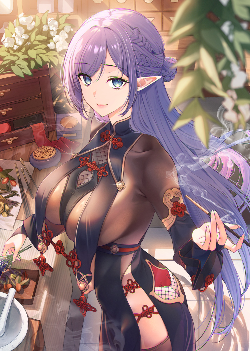 1girl absurdres ass blue_eyes blurry blurry_background blurry_foreground bodystocking braid breast_curtains breasts brown_thighhighs butt_crack china_dress chinese_clothes closed_mouth cowboy_shot depth_of_field dress elf flower from_side hair_between_eyes hair_bun highres holding incense indoors large_breasts leaf long_hair long_sleeves looking_at_viewer original pelvic_curtain pestle plant pointy_ears purple_hair revealing_clothes side-tie_peek side_slit sidelocks sino42 smile smoke smoke_trail solo standing sunlight thighhighs thighs tile_floor tiles very_long_hair