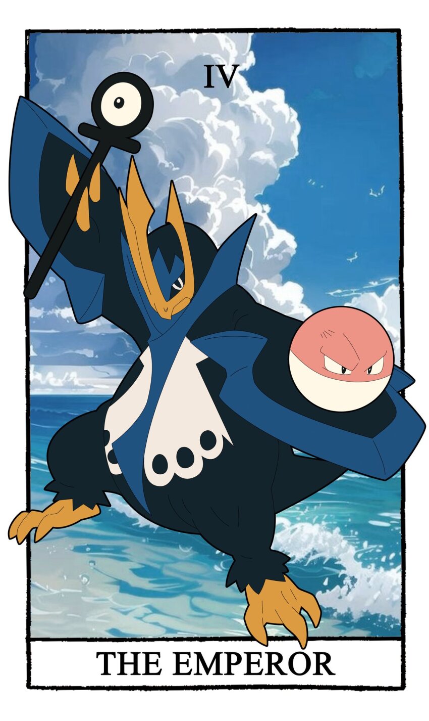 animal_focus black_eyes blue_sky card_(medium) carrotzmoonman closed_mouth cloud cloudy_sky commentary empoleon english_commentary flat_color game_freak gen_1_pokemon gen_2_pokemon gen_4_pokemon highres holding holding_staff nintendo no_humans outdoors pokemon pokemon_(creature) roman_numeral screenshot_background sky staff tarot tarot_(medium) the_emperor_(tarot) unown unown_(other) voltorb