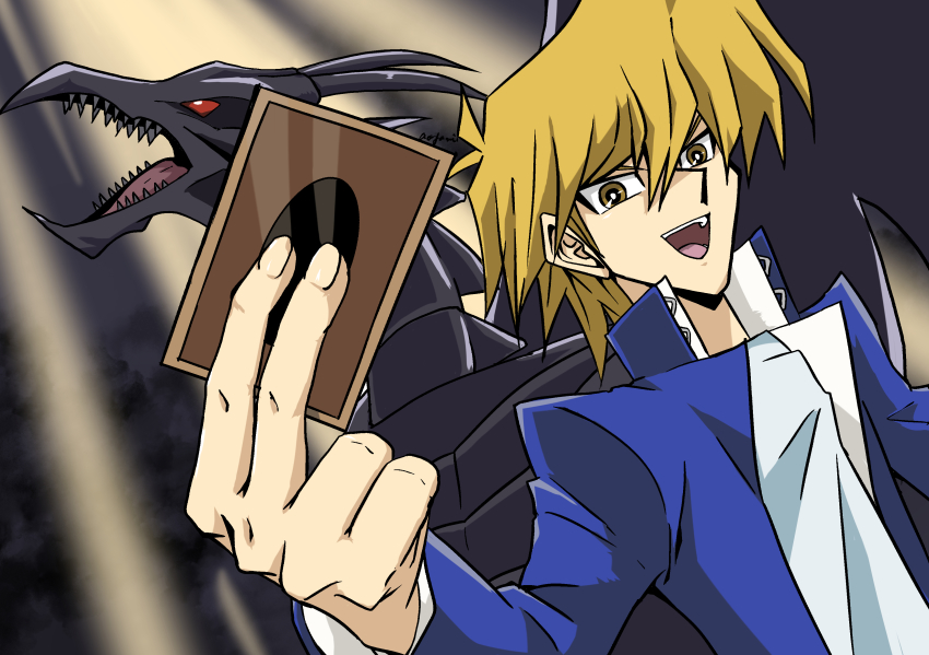 1boy absurdres artist_request highres jonouchi_katsuya konami red-eyes_black_dragon smile yu-gi-oh! yu-gi-oh!_duel_monsters