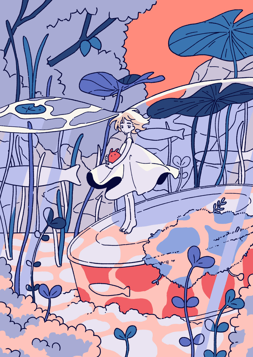 1girl abstract absurdres barefoot blonde_hair bush closed_mouth commentary_request dot_nose dress expressionless fish floating_clothes floating_hair flying_fish forest highres looking_at_viewer looking_to_the_side mitsuki_sanagi moss nature orange_sky original outdoors oversized_plant pastel_colors plant short_hair simple_fish sky sleeveless sleeveless_dress standing turning_head white_dress wide_shot
