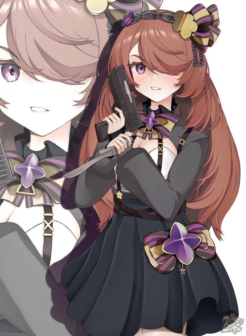 1girl black_dress bow bowtie breasts brown_hair cleavage dress dual_wielding grey_shrug gun hair_bow hair_over_one_eye handgun highres holding holding_gun holding_knife holding_weapon indie_virtual_youtuber knife long_sleeves multicolored_bow multicolored_bowtie nina_saotome nina_saotome_(2.0) punny_jokesz purple_eyes shadow shrug_(clothing) skirt small_breasts striped_bow striped_bowtie striped_clothes suspender_skirt suspenders virtual_youtuber weapon