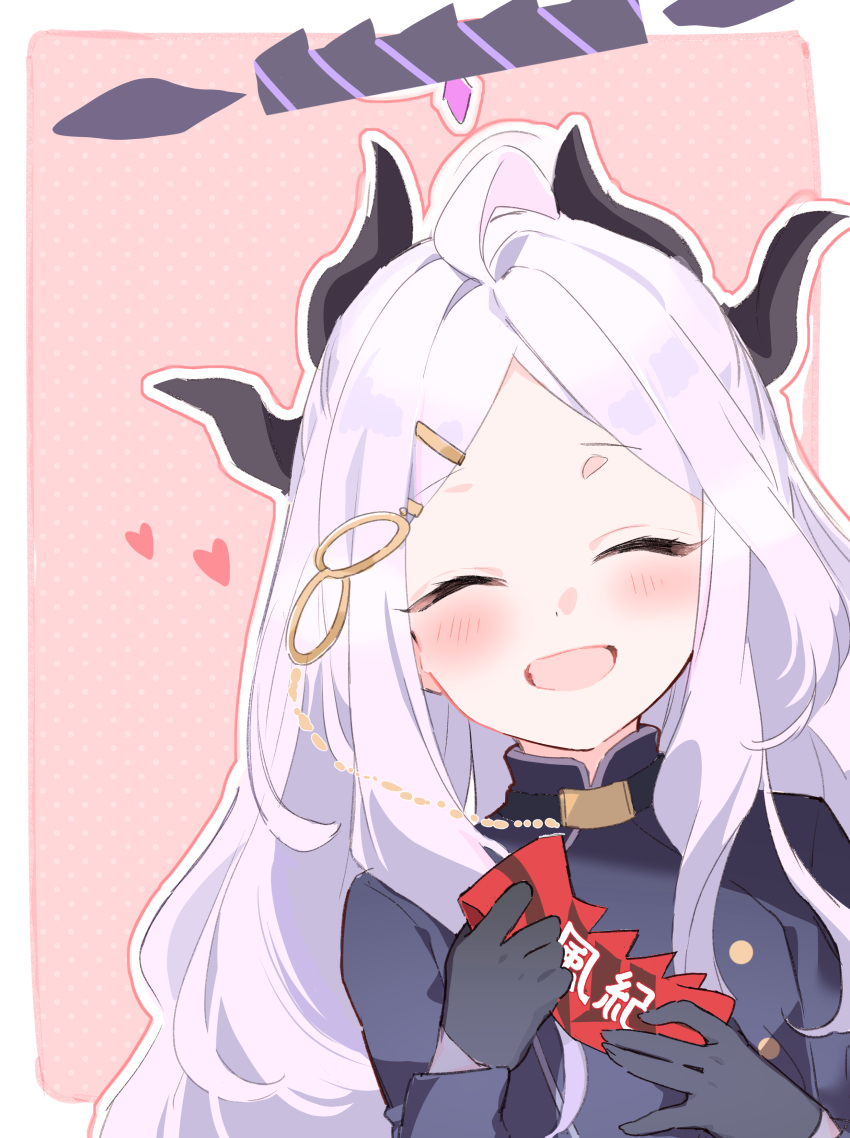 1girl :d ^_^ absurdres ahoge armband black_gloves black_halo black_horns black_jacket blue_archive blush border closed_eyes commentary_request demon_girl demon_horns facing_viewer forehead gloves grey_hair hair_ornament hairclip halo hands_up happy heart highres hina_(blue_archive) holding_armband holding_unworn_clothes horns jacket long_hair long_sleeves multiple_horns nemuri_gbng open_mouth outside_border parted_bangs pink_background polka_dot polka_dot_background red_armband sidelocks simple_background smile solo unworn_armband upper_body white_border