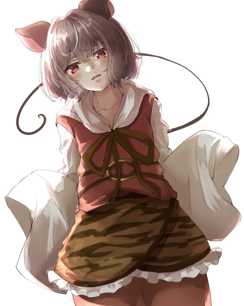 1girl absurdres animal_ears black_ribbon blush brown_ribbon commentary_request cosplay cowboy_shot dress frilled_skirt frills grey_hair gumi_(fwjn7284) highres long_sleeves looking_at_viewer mouse_ears mouse_girl mouse_tail nazrin o-ring open_mouth orange_skirt red_dress red_eyes ribbon short_hair simple_background skirt sleeves_past_fingers sleeves_past_wrists solo tail toramaru_shou toramaru_shou_(cosplay) touhou white_background wide_sleeves