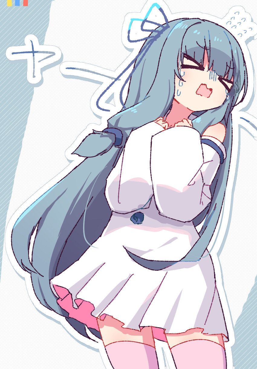 &gt;_&lt; 1girl bare_shoulders blue_hair blue_ribbon blush commentary_request cowboy_shot detached_sleeves dress flying_sweatdrops hair_ribbon hands_up hibino_000 highres kotonoha_aoi long_hair open_mouth outline pink_thighhighs ribbon short_dress sidelocks sleeveless sleeveless_dress solo thighhighs voiceroid wavy_mouth white_dress white_outline white_sleeves
