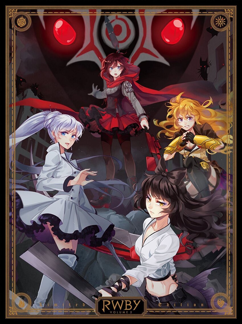 3girls 4girls alternate_costume belt beowolf blake_belladonna blue_eyes boots bow breasts cape cleavage cleaver clenched_teeth cloak copyright_name crescent_rose ember_celica_(rwby) english_text eyeshadow fingerless_gloves gloves glowing glowing_eyes grey_eyes grimm_(rwby) hair_bow highres holding holding_sword holding_weapon hood hooded_cloak king_taijitu knee_boots left-handed long_hair lowah makeup medium_breasts midriff multiple_girls myrtenaster navel nevermore_(rwby) official_art pants pantyhose ponytail purple_eyes rapier red_cape red_eyes ruby_rose rwby scythe short_hair sword tagme teeth vambraces weapon weiss_schnee yang_xiao_long yellow_eyes