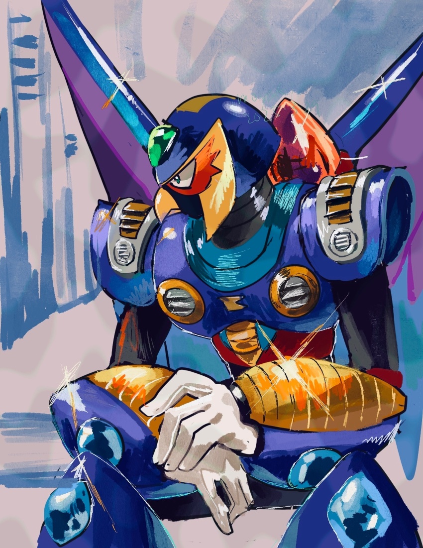1boy armor beak blue_armor blue_helmet blue_wings cairngorm999 forehead_jewel green_eyes helmet highres mechanical_wings mega_man_(series) mega_man_x1 mega_man_x_(series) non-humanoid_robot purple_wings robot robot_animal robot_bird sitting solo storm_eagle_(mega_man) wings