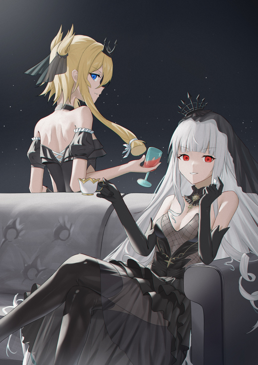 1girl absurdres alternate_costume azur_lane bare_shoulders black_dress black_gloves black_thighhighs black_veil blonde_hair blue_eyes breasts bridal_veil crossed_legs crown cup detached_collar detached_sleeves dress elbow_gloves feet_out_of_frame from_behind futaba_nori gloves highres holding holding_cup long_hair looking_at_viewer looking_back mini_crown puffy_short_sleeves puffy_sleeves queen_elizabeth_(azur_lane) queen_elizabeth_(meta)_(azur_lane) red_eyes see-through_clothes see-through_dress short_sleeves sitting small_breasts solo strapless strapless_dress teacup thighhighs veil very_long_hair warspite_(azur_lane) white_hair