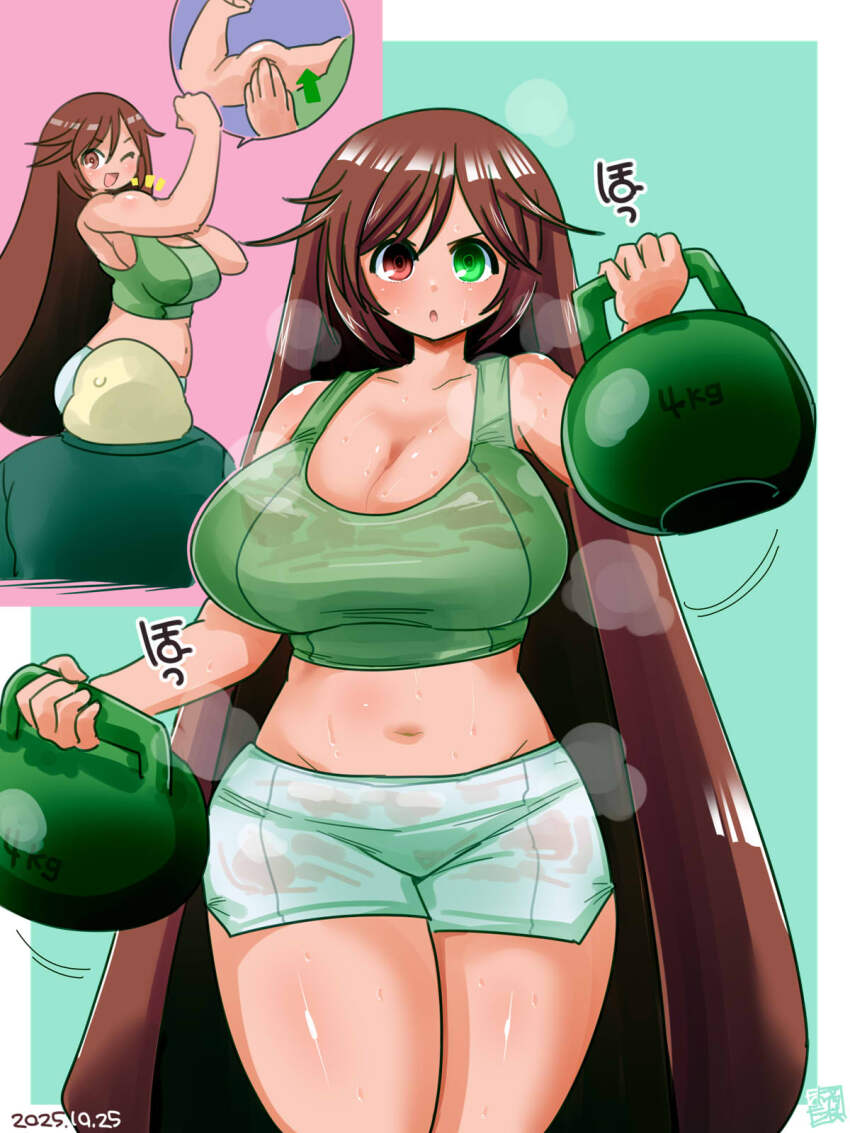 1boy 1girl 2channel alternate_breast_size_(larger) alternate_costume blush breasts brown_hair cowboy_shot dated exercising green_eyes green_sports_bra heterochromia highres huge_breasts itini-sanshi kettlebell large_breasts long_hair midriff navel open_mouth red_eyes rozen_maiden shorts smile solo_focus sports_bra suiseiseki sweat very_long_hair weightlifting white_shorts yaruo