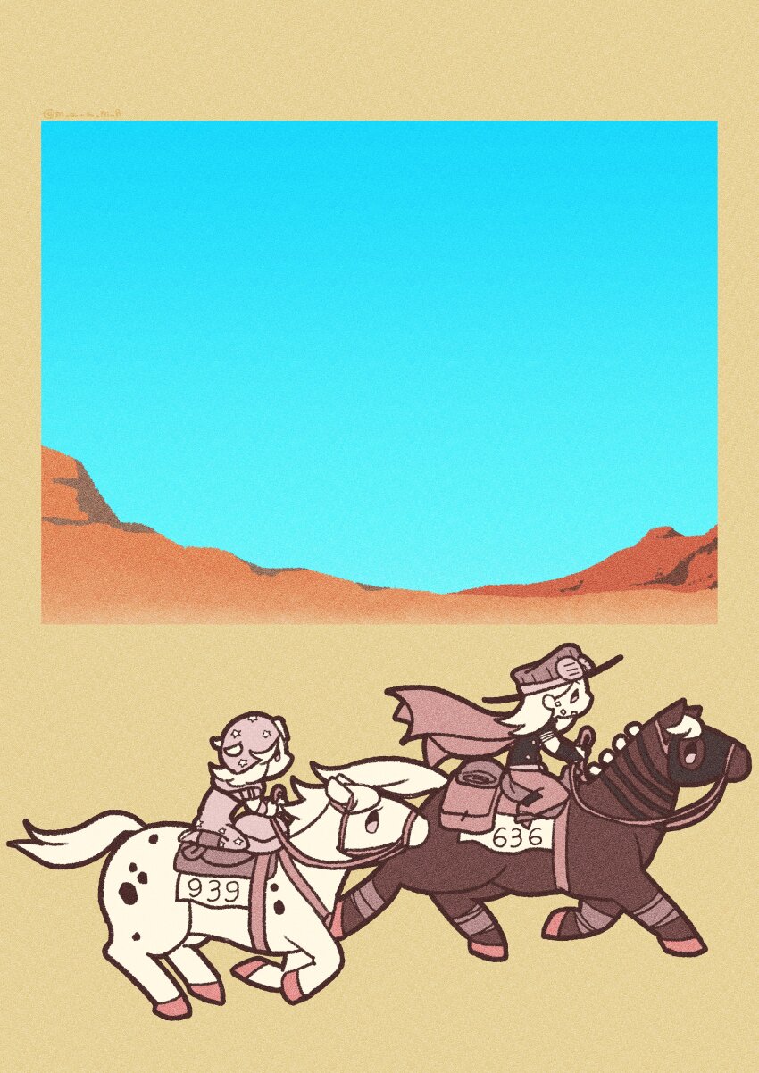 2boys absurdres bag beanie beard blue_sky bridle cape chibi chibi_only commentary cowboy_hat desert facial_hair from_side goggles goggles_on_headwear gyro_zeppeli hat highres holding holding_reins horse horseback_riding johnny_joestar jojo_no_kimyou_na_bouken limited_palette long_hair m_a_a_m_8 male_focus mask mask_on_head medium_hair multiple_boys reins riding saddle saddlebags short_sleeves sky slow_dancer_(jojo) star_(symbol) star_print steel_ball_run symbol-only_commentary valkyrie_(jojo) wristband