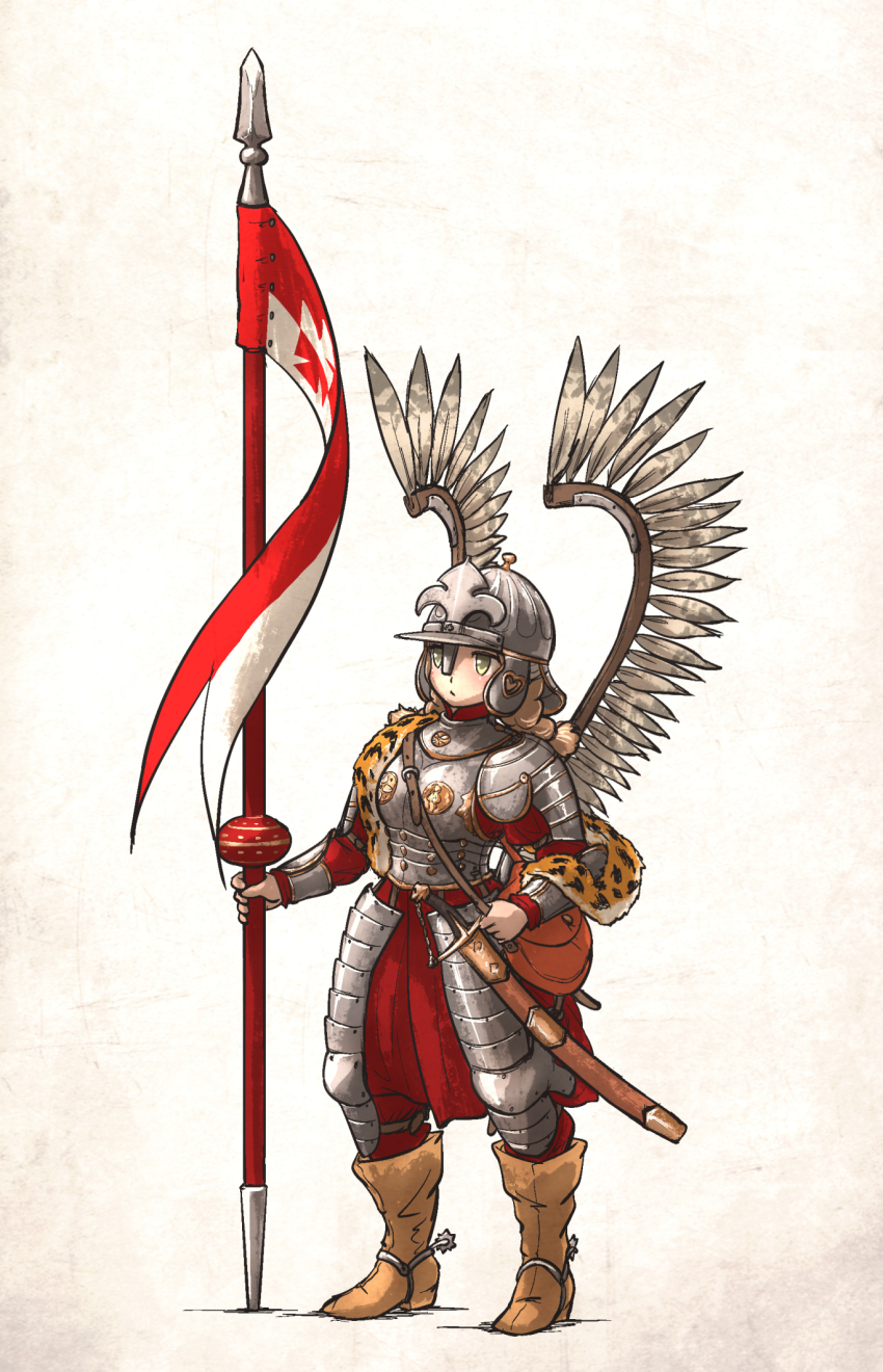 1girl animal_print armor banner battle_standard boots commentary english_commentary flag helmet highres holding holding_weapon hussar ironlily lance leopard_pelt leopard_print military military_uniform original pants pelt planted planted_polearm polearm saber_(weapon) sheath spear spurs sword war_flag weapon winged_hussar