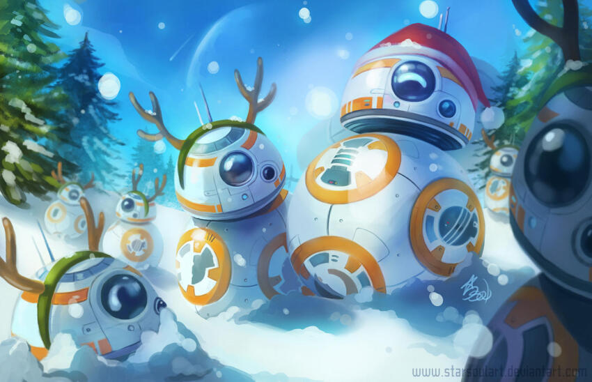 antlers bb-8 christmas droid hat horns no_humans non-humanoid_robot pine_tree reindeer_antlers robot santa_hat snow star_soul star_wars starsoulart tree