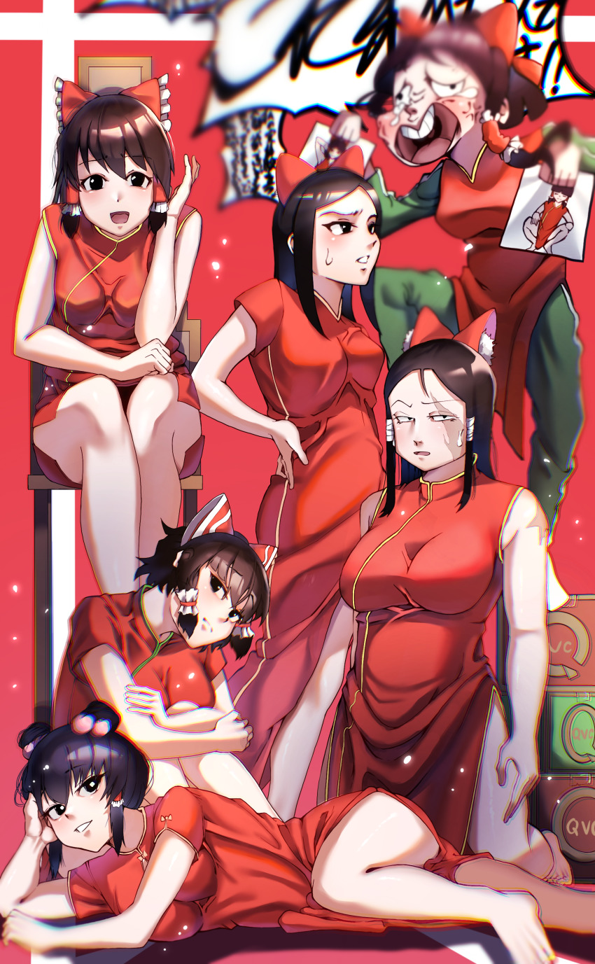 6+girls absurdres alternate_costume anger_vein barefoot black_eyes black_hair blush bow breasts bright_pupils brown_hair burn_scar chair china_dress chinese_clothes closed_mouth commentary_request cookie_(touhou) detached_sleeves dress frilled_bow frilled_hair_tubes frills full_body green_pants green_shirt hair_bow hair_tubes hakurei_reimu haruka_(cookie) highres hugging_own_legs kneeling large_breasts looking_at_another looking_at_viewer lying medium_breasts multiple_girls noel_(cookie) on_side open_mouth pants qvc red_bow red_dress rurima_(cookie) scar scar_on_arm scar_on_face shinonome_(cookie) shiromiya_rei shirt short_sleeves shouting sitting sleeveless sleeveless_dress smile standing tonpuson touhou white_pupils yuki_haruka