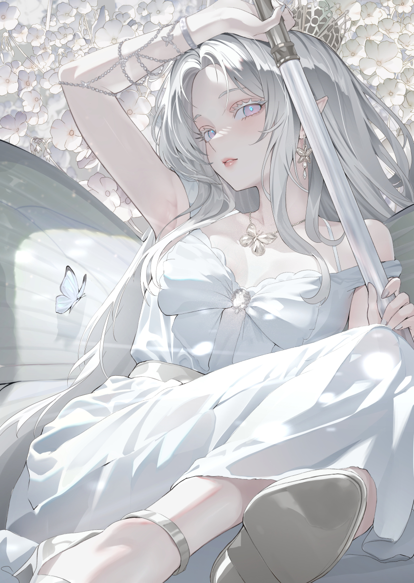 1girl absurdres arm_up armpits breasts bug butterfly butterfly_wings commentary_request dress earrings flower grey_hair highres holding holding_staff insect insect_wings jewelry long_hair looking_at_viewer multicolored_eyes necklace original parted_lips pointy_ears sharc solo staff white_dress white_flower white_nails white_theme wings