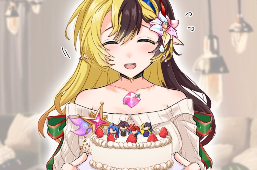 1girl alta_(shironeko_project) black_hair blonde_hair cake cake_decoration chest_jewel closed_eyes deneb_(shironeko_project) flower food hair_flower hair_ornament multicolored_hair off-shoulder_sweater off_shoulder official_alternate_costume open_mouth pointy_ears protagonist_(shironeko_project) shironeko_project solo split-color_hair strawberry_cake sweater vega_(shironeko_project) winny_puni