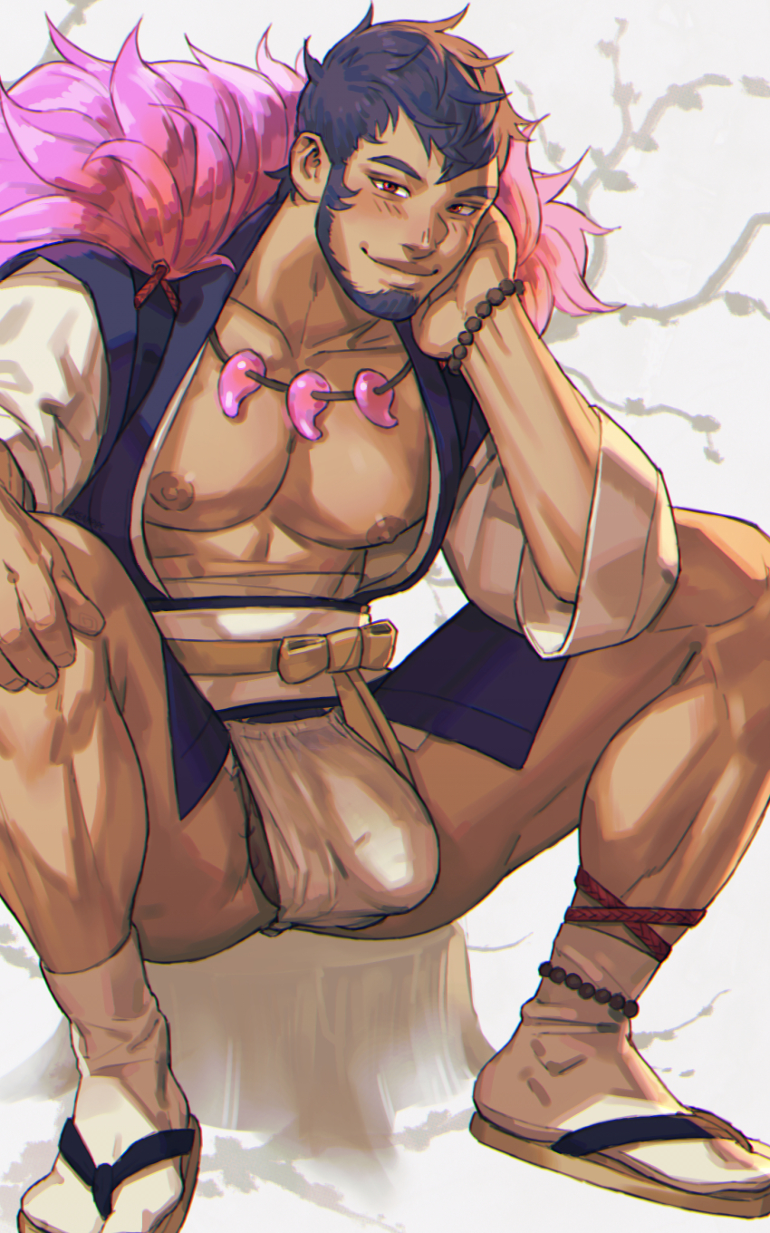 1boy bara bare_pectorals bead_bracelet beads beard blue_hair bracelet bulge commentary dreamplpe english_commentary facial_hair fundoshi head_rest highres hisuian_typhlosion japanese_clothes jewelry large_pectorals looking_at_viewer magatama magatama_necklace male_focus muscular muscular_male necklace nintendo nipples paid_reward_available pectorals personification pokemon red_eyes sandals short_hair sitting solo tabi testicle_peek variant_set