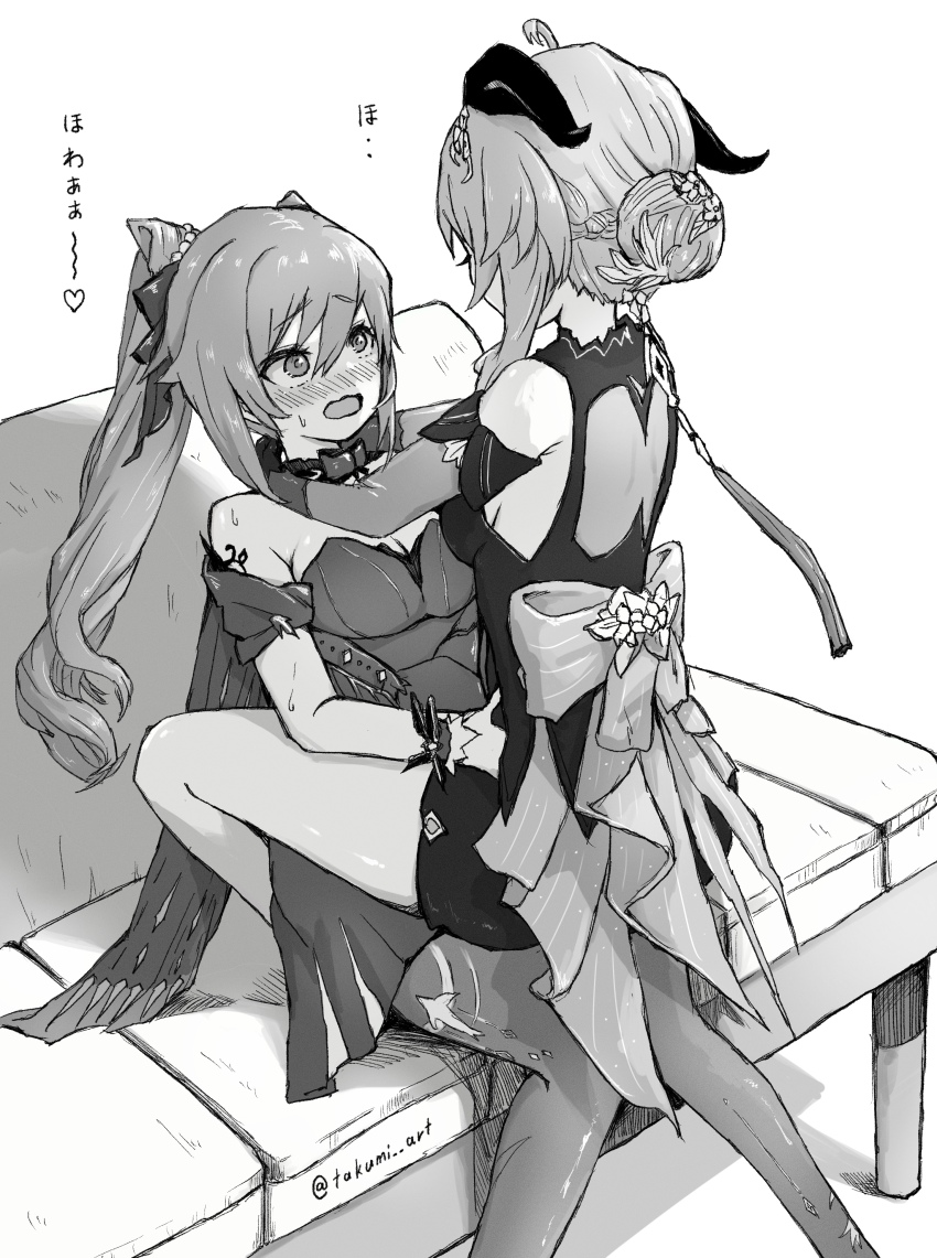 2girls absurdres arm_tattoo back_bow bare_shoulders blush bow breasts cleavage commentary_request cone_hair_bun couch dress ganyu_(genshin_impact) ganyu_(twilight_blossom)_(genshin_impact) genshin_impact gloves greyscale hair_bun hand_on_another&#039;s_waist heart highres horns keqing_(genshin_impact) keqing_(opulent_splendor)_(genshin_impact) long_hair medium_breasts monochrome multiple_girls on_couch open_mouth pantyhose sitting sitting_on_lap sitting_on_person strapless strapless_dress sweatdrop takumi_(user_xmwf4727) tattoo translation_request twintails twitter_username yuri