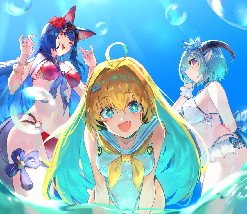3girls absurdres ahoge animal_ears arm_behind_back bikini black_hair blonde_hair blue_eyes blue_flower blue_hair blush bow bow_bikini bracelet breasts bubble cleavage collarbone day dragon_girl dragon_horns eyewear_on_head fang flower fox_ears fox_girl fox_tail from_below ginsetsu_(shadowverse) hair_between_eyes hair_flower hair_intakes hair_ornament hair_ribbon highres horns jewelry large_breasts leaning_forward long_hair looking_at_viewer medium_breasts multiple_girls navel ocean one-piece_swimsuit open_mouth orr_(kkkkbbbbc) pointy_ears purple_eyes ralmia_(shadowverse) red_bikini red_eyes red_flower ribbon sailor_collar shadowverse shadowverse_evolve short_hair sideboob sideways_glance sky standing star-shaped_pupils star_(symbol) summer swimsuit symbol-shaped_pupils tail tongue tongue_out water white_bikini white_ribbon whitefrost_dragonewt_filene yellow_ribbon