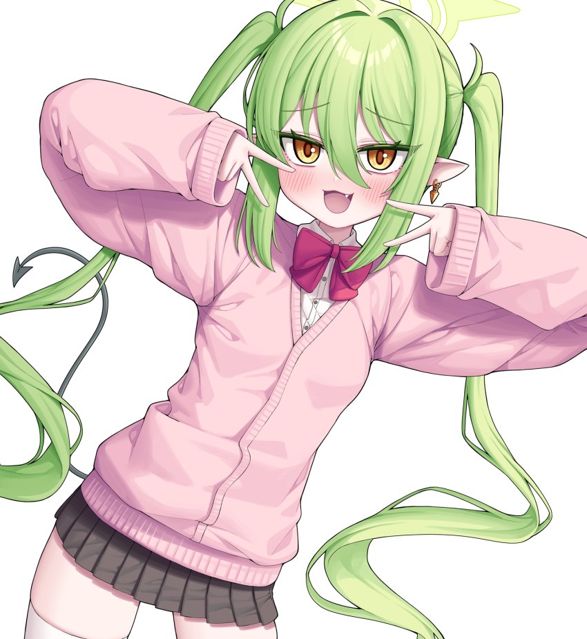 1girl :3 :d blue_archive blush bow bowtie breasts cardigan collared_shirt commentary cowboy_shot demon_tail double_inward_v dress_shirt dutch_angle earrings eyelashes fang green_hair green_halo grey_skirt hair_between_eyes hair_intakes halo highres inward_v jewelry korean_commentary long_bangs long_hair long_sleeves looking_at_viewer mesugaki metaljelly nozomi_(blue_archive) open_mouth pendant_earring pink_bow pink_bowtie pink_cardigan pleated_skirt pointy_ears raised_eyebrows shirt sidelocks simple_background skindentation skirt sleeves_past_wrists small_breasts smile solo tail thighhighs twintails v very_long_hair white_background white_shirt white_thighhighs yellow_eyes zako_(vocaloid) zettai_ryouiki