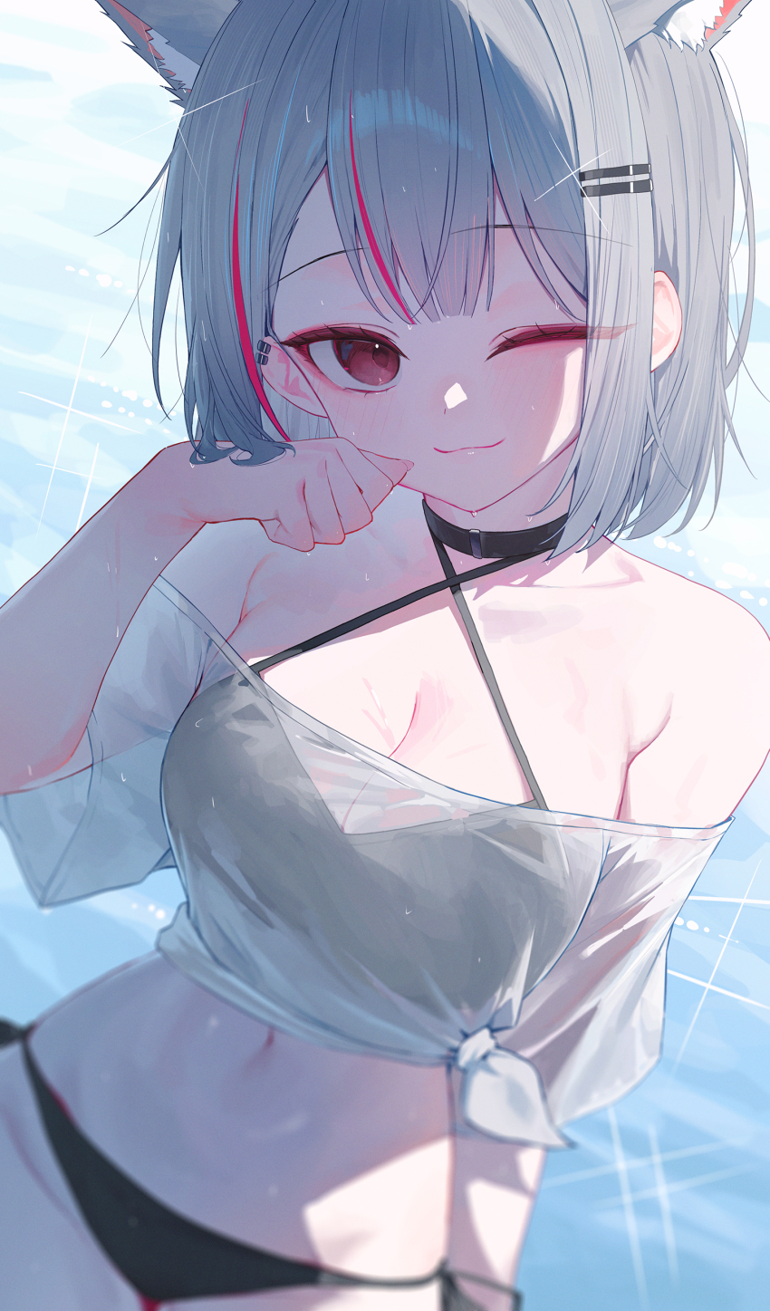 1girl absurdres animal_ear_fluff bare_shoulders breasts cat_girl cat_tail cleavage closed_mouth extra_ears grey_hair hair_ornament hairclip hand_up highres huhi_(huhi_1211) looking_at_viewer multicolored_hair navel neneko_mashiro outdoors red_hair short_hair short_sleeves smile stellive stomach streaked_hair swimsuit tail virtual_youtuber