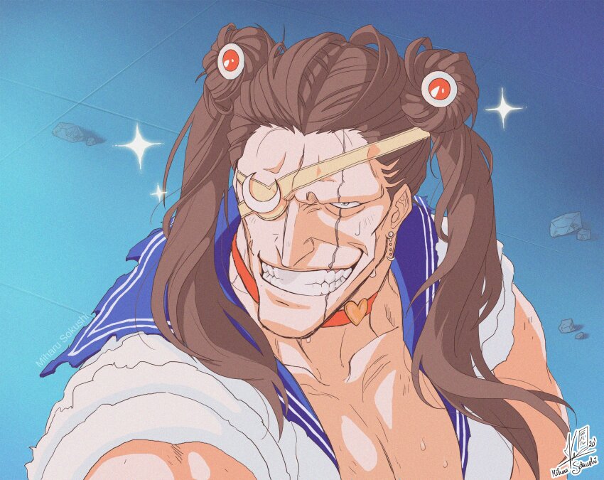 1boy absurdres alternate_costume alternate_hairstyle artist_name bishoujo_senshi_sailor_moon bleach blue_sailor_collar brown_hair choker collarbone colored_eyepatch commentary cosplay derivative_work double_bun earrings english_commentary eyepatch film_grain grin hair_bun heart heart_choker highres jewelry long_hair male_focus meme miharu_sokushi muscular muscular_male pectoral_cleavage pectorals red_choker rock sailor_collar sailor_moon sailor_moon_(cosplay) sailor_moon_redraw_challenge_(meme) scar scar_across_eye scar_on_face screenshot_redraw shirt signature sleeveless sleeveless_shirt smile sparkle sweat twintails white_shirt zaraki_kenpachi