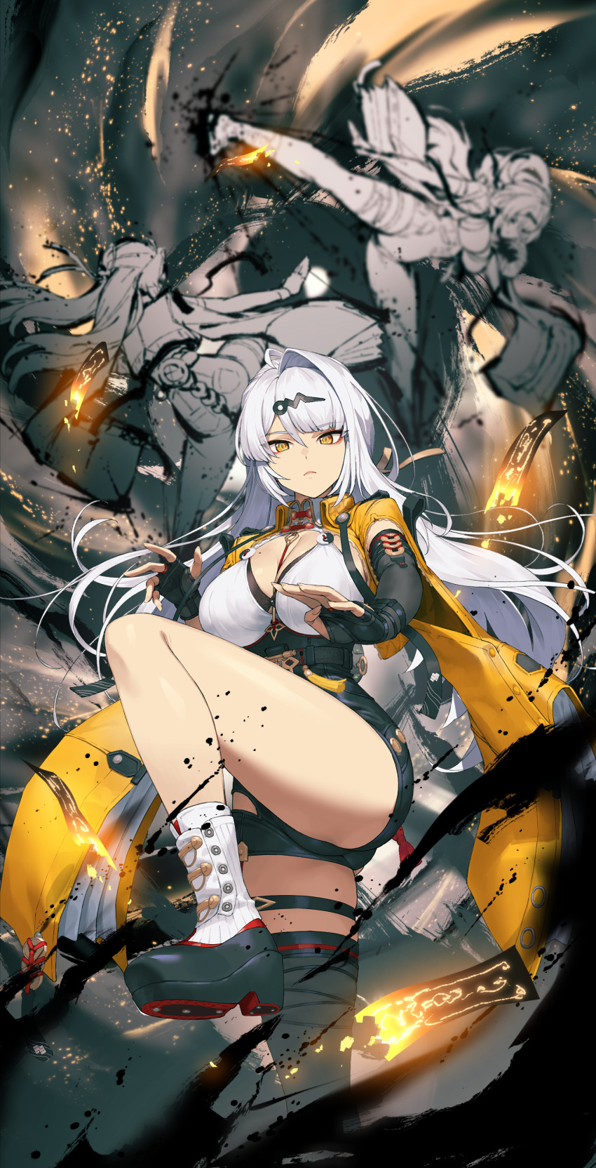 1girl absurdres ankle_boots asymmetrical_gloves asymmetrical_legwear black_gloves black_shoes black_shorts boots breasts chyko cleavage coin cropped_jacket elbow_gloves fighting_stance fingerless_gloves gloves hair_intakes hair_ornament hairclip high-waist_shorts highres holed_coin huge_breasts jacket long_hair long_sleeves looking_at_viewer ofuda open_clothes open_jacket outstretched_arm parted_bangs platform_boots shoes shorts single_elbow_glove single_thighhigh sleeve_slit standing standing_on_one_leg thighhighs thighs very_long_hair white_hair wide_sleeves yellow_eyes yellow_jacket yixuan_(zenless_zone_zero) zenless_zone_zero