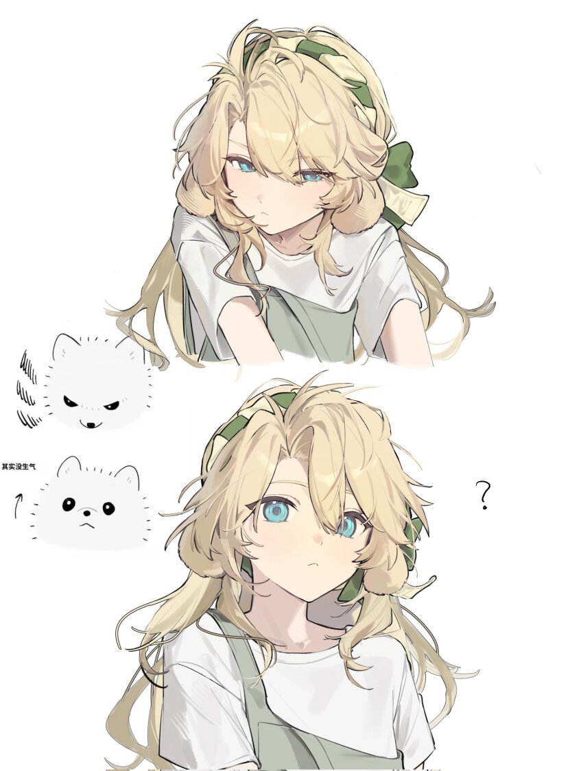 1girl ? aged_down animal_ears arknights blonde_hair blue_eyes closed_mouth collarbone commentary corrupted_twitter_file dog_ears dog_girl droopy_ears hair_between_eyes hairband highres joshua_(shisanli934) kristen_(arknights) light_blush long_hair looking_at_viewer multiple_views overalls shirt short_sleeves simple_background symbol-only_commentary white_background white_shirt