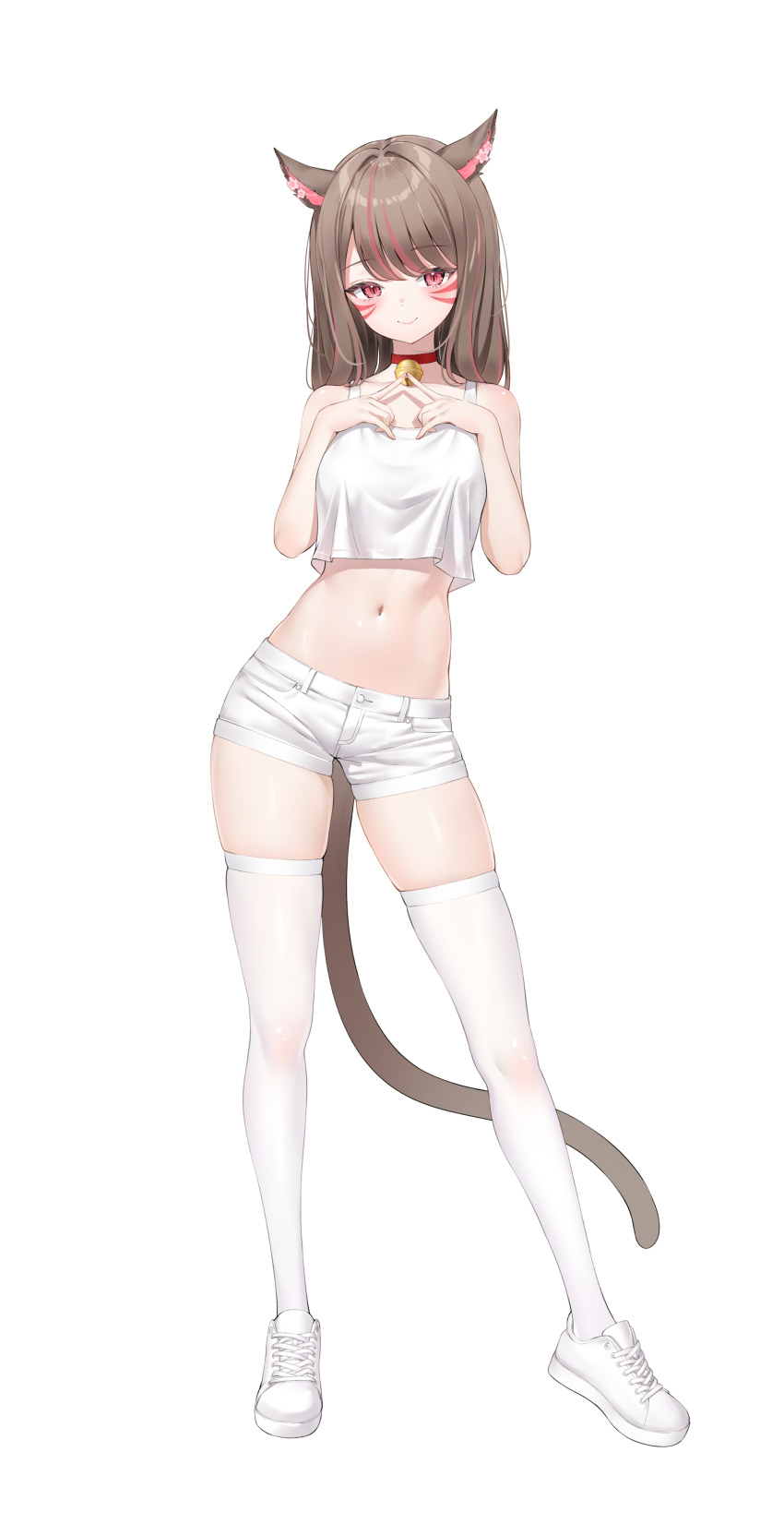 1girl absurdres animal_ears bare_arms bare_shoulders bell breasts brown_hair cat_ears cat_girl cat_tail choker closed_mouth collarbone commentary commission contrapposto crop_top crop_top_overhang english_commentary facial_mark final_fantasy final_fantasy_xiv full_body hands_up highres index_fingers_together jingle_bell keibeam long_hair looking_at_viewer medium_breasts midriff miqo&#039;te multicolored_hair navel original pixiv_commission red_choker red_eyes shirt shoes short_shorts shorts simple_background skindentation sleeveless sleeveless_shirt slit_pupils smile sneakers solo standing stomach streaked_hair tail tank_top thighhighs thighs warrior_of_light_(ff14) white_background white_shirt white_shoes white_shorts white_thighhighs