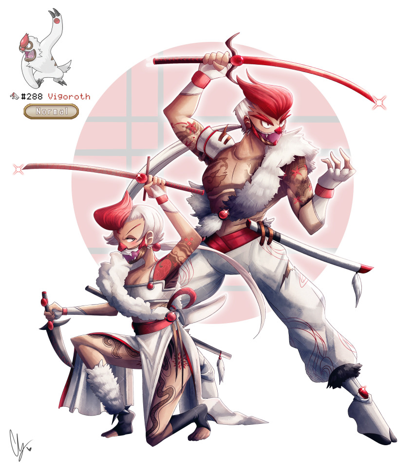 1boy 1girl absurdres arm_tattoo dagger dual_wielding endifi fingerless_gloves gen_3_pokemon glint gloves highres holding holding_sword holding_weapon knife leg_tattoo mask mouth_mask nintendo on_one_knee personification pokemon pokemon_(creature) reference_inset sheath shoes sword tattoo thick_eyebrows toeless_legwear vigoroth weapon white_gloves white_shoes