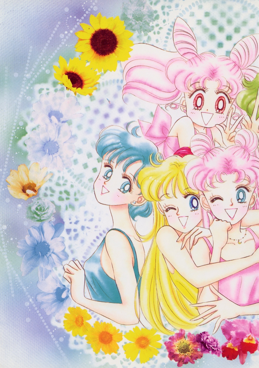 4girls ;d absurdres aino_minako arm_hug artbook bare_shoulders bishoujo_senshi_sailor_moon blonde_hair blue_background blue_eyes blue_flower blue_hair chibi_usa collarbone double_bun earrings flower green_flower green_hair green_rose hair_bun highres incredibly_absurdres jewelry middle_part mixed_media mizuno_ami multiple_girls necklace non-web_source official_art one_eye_closed open_mouth pale_skin pink_hair red_eyes rose scan short_hair smile sunflower takeuchi_naoko tsukino_usagi