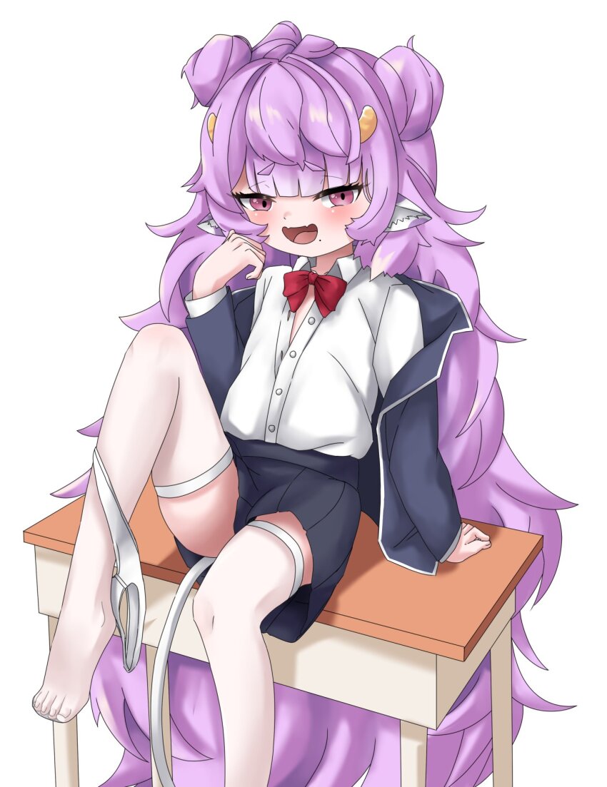 1girl animal_ears blazer blush bow bowtie collared_shirt cow_ears cow_tail desk double_bun dress_shirt equus_ignis fang feet hair_bun highres horns jacket leg_up loli long_hair looking_at_viewer messy_hair mesugaki mole muu_muyu open_mouth panties panties_around_leg partially_unbuttoned phase_connect pink_eyes purple_hair school_desk school_uniform shirt sitting skin_fang skirt solo tail thighhighs unbuttoned unbuttoned_shirt underwear unworn_panties virtual_youtuber white_background
