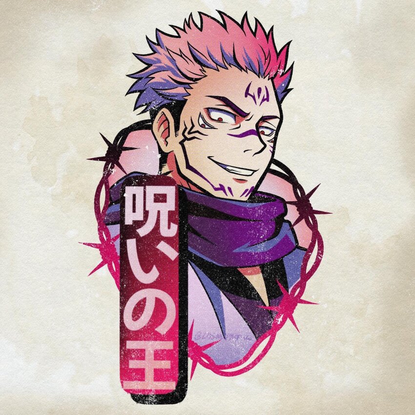 1boy commentary cropped_torso csmbtc english_commentary extra_eyes facial_mark grin highres jujutsu_kaisen looking_at_viewer male_focus pink_hair purple_scarf red_eyes ryoumen_sukuna_(jujutsu_kaisen) scarf short_hair sideburns smile solo thorns translation_request undercut